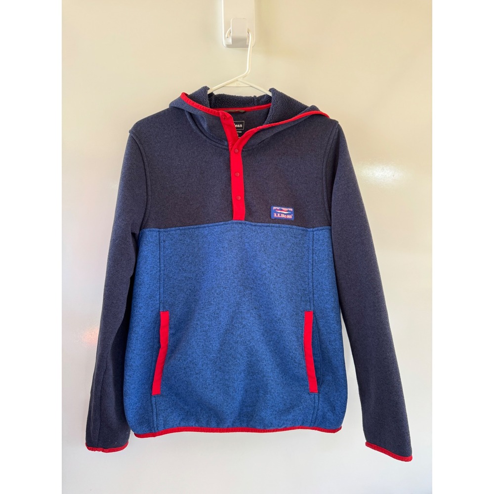 LL Bean Mens Sweater Fleece Pullover Hoodie Blue Colorblock Small 502812